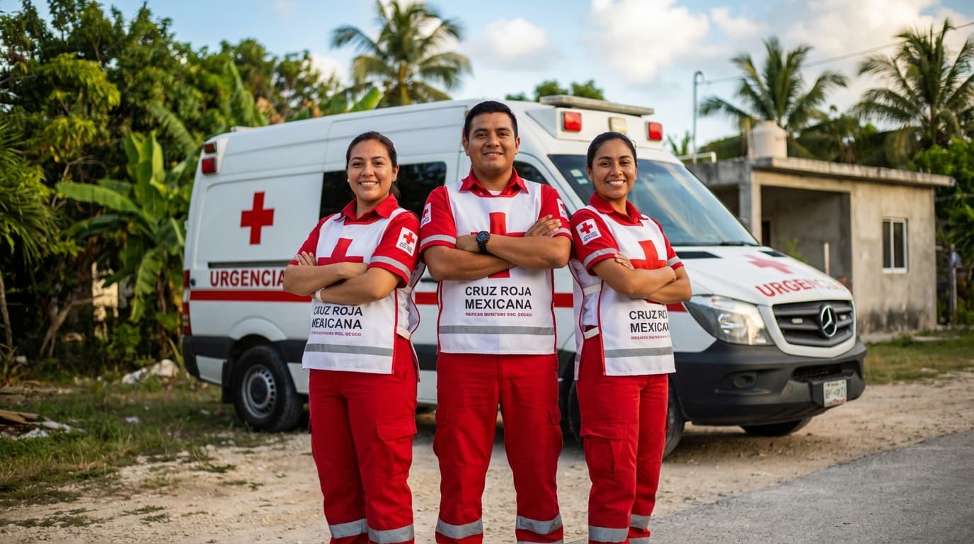 Voluntarios de Cruz Roja Mexicana frente a ambulancia